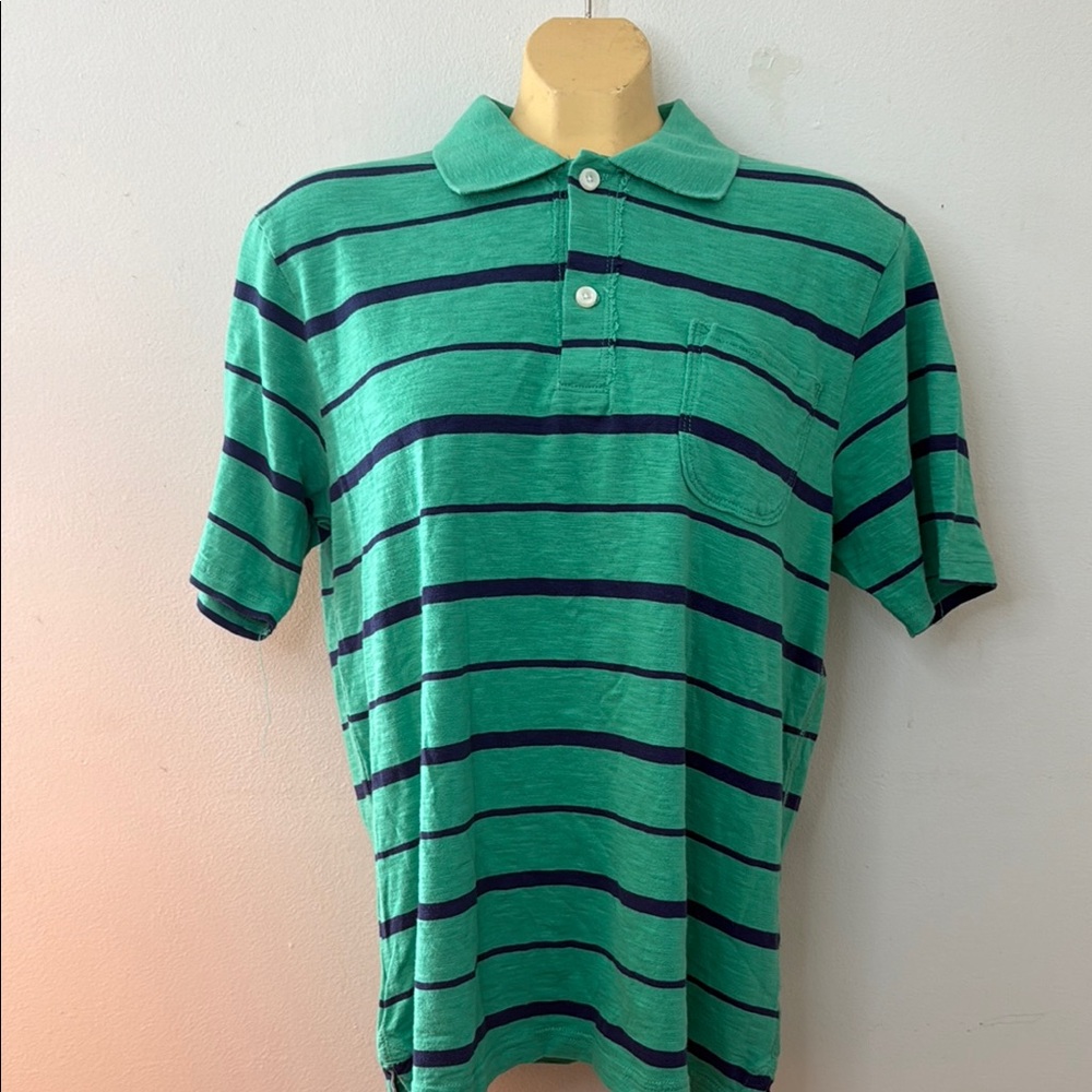 Blue and Green Striped Polo Shirt with Knit Fabric